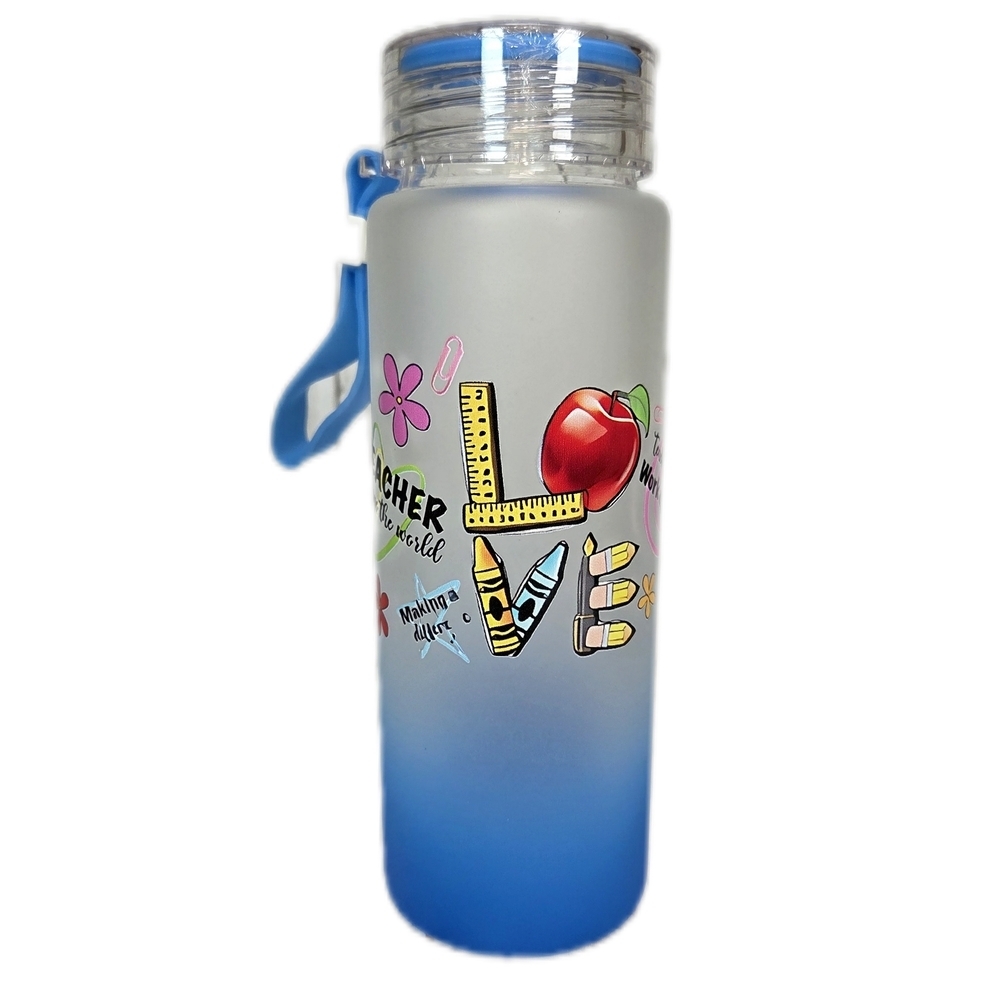 Blue Ombre Teacher Graphic Glass Water Bottle with Strap
